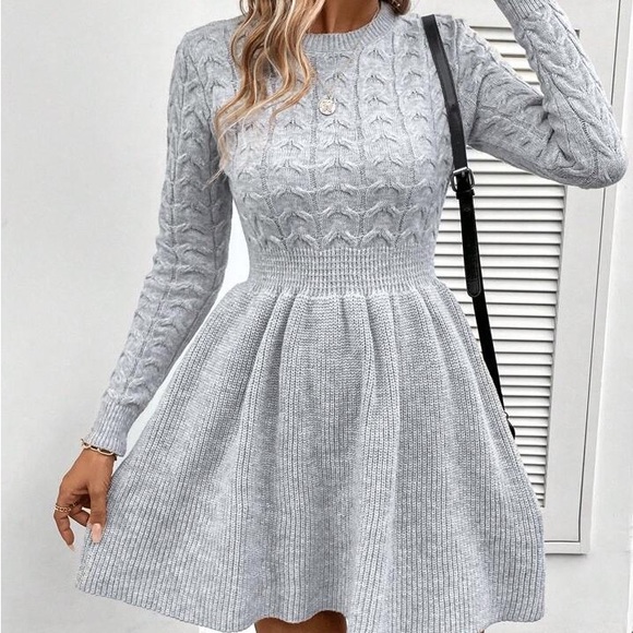 New Chic Cable Knit Skater Long Sleeve Knit Sweater Dress - Picture 9 of 13